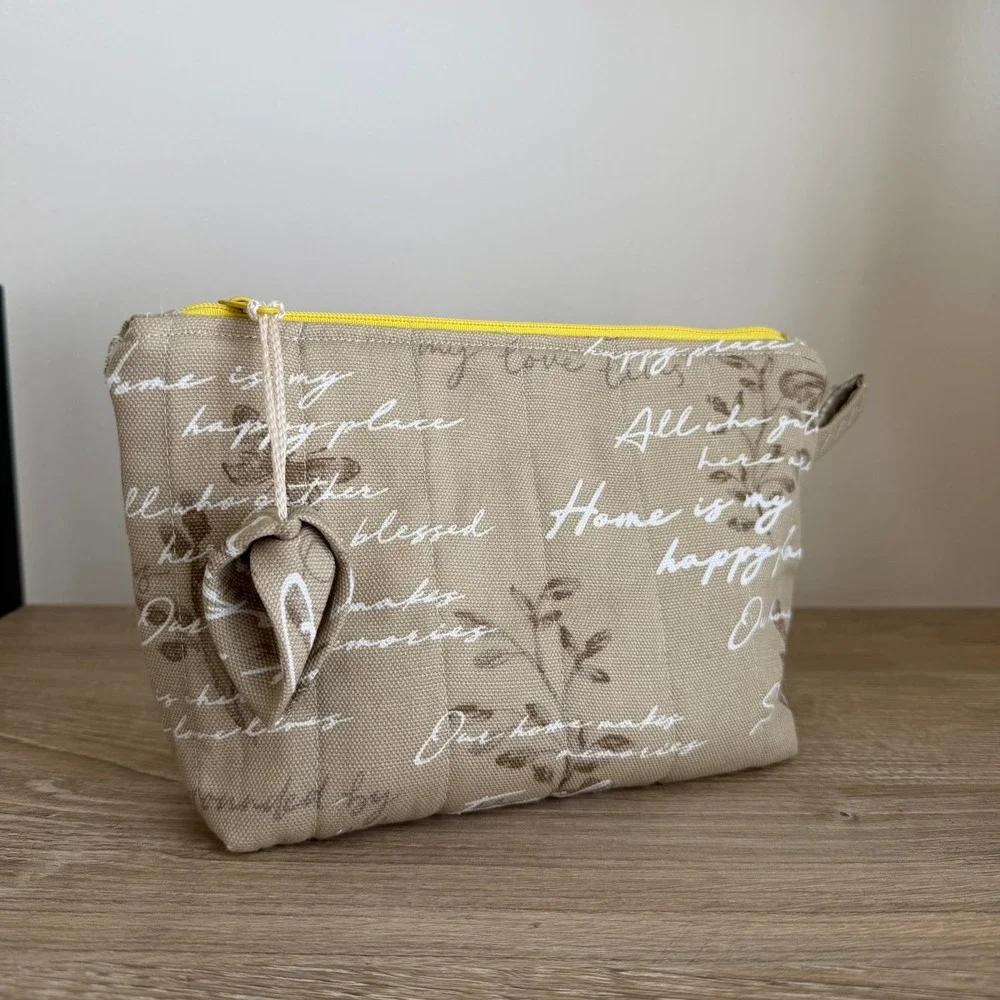Cosmetic Bag Tan Script‎ Print Home Happy Place Yellow Zipper Pouch Quilted